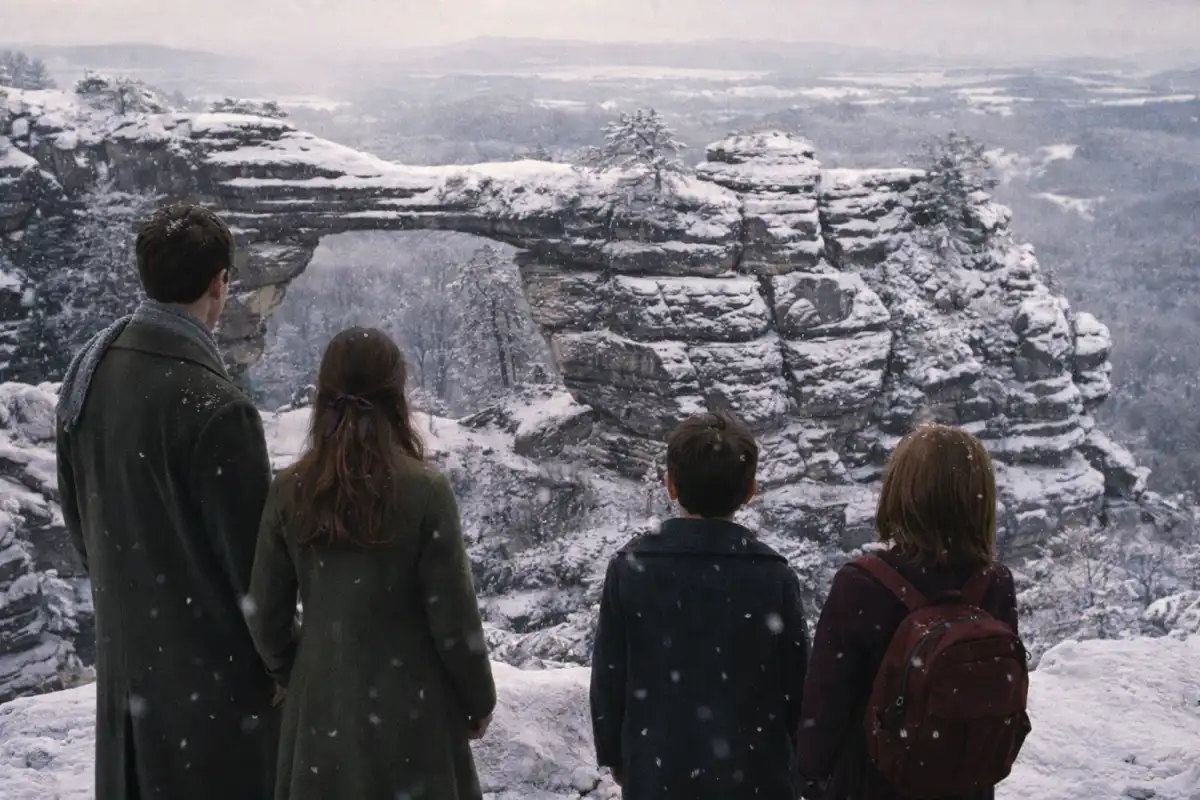 The snow-covered Pravčická Gate arch used in the Narnia film