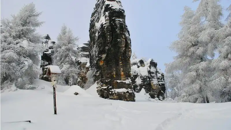 Snow-dusted sandstone maze at the Tisa Rocks from the Narnia film